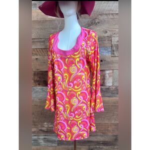 Dreamgirl Retro Psychedelic Mod Swirl Bell Sleeve Tunic Pink Orange Yellow 1X/2X